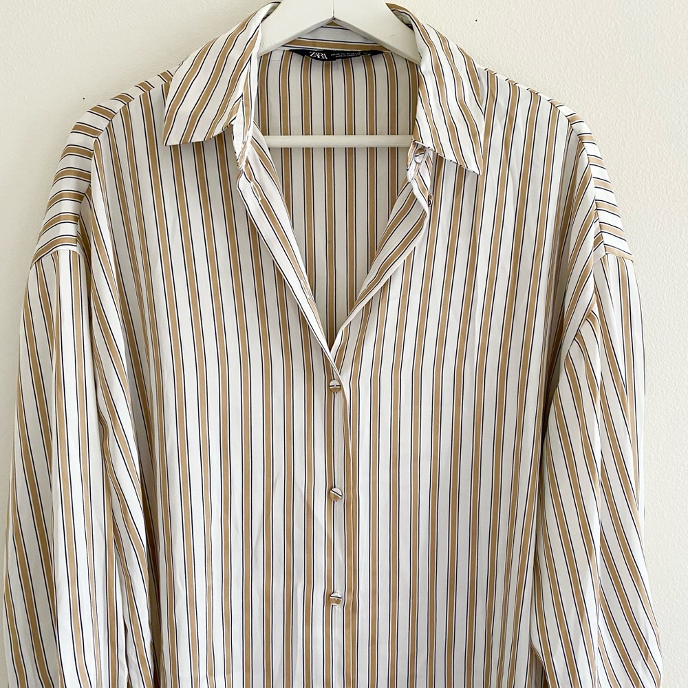 Zara Oversized Satin Striped Long Sleeve Blouse